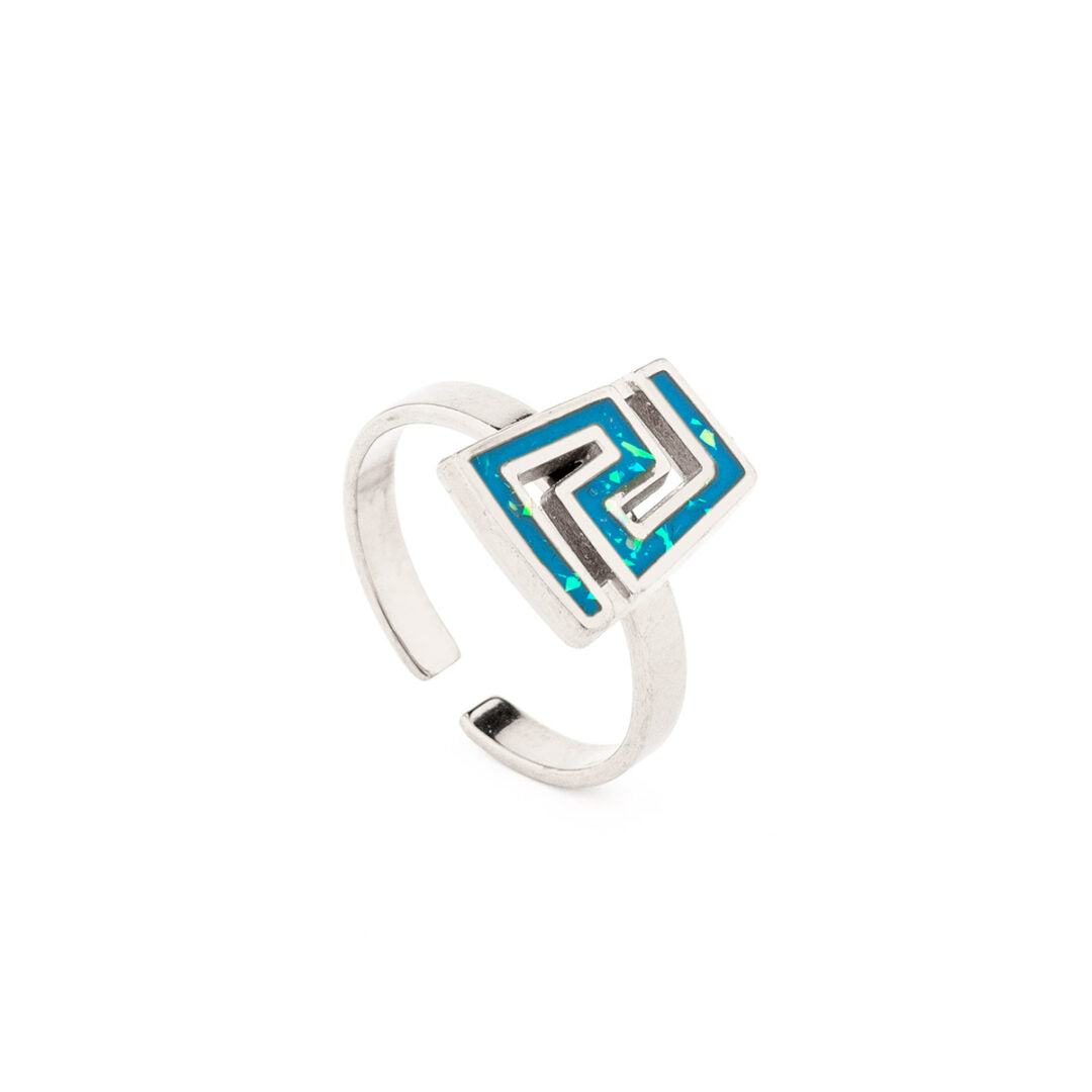 Greek Key Ring with Ocean Blue Details in Stainless Steel — Silver