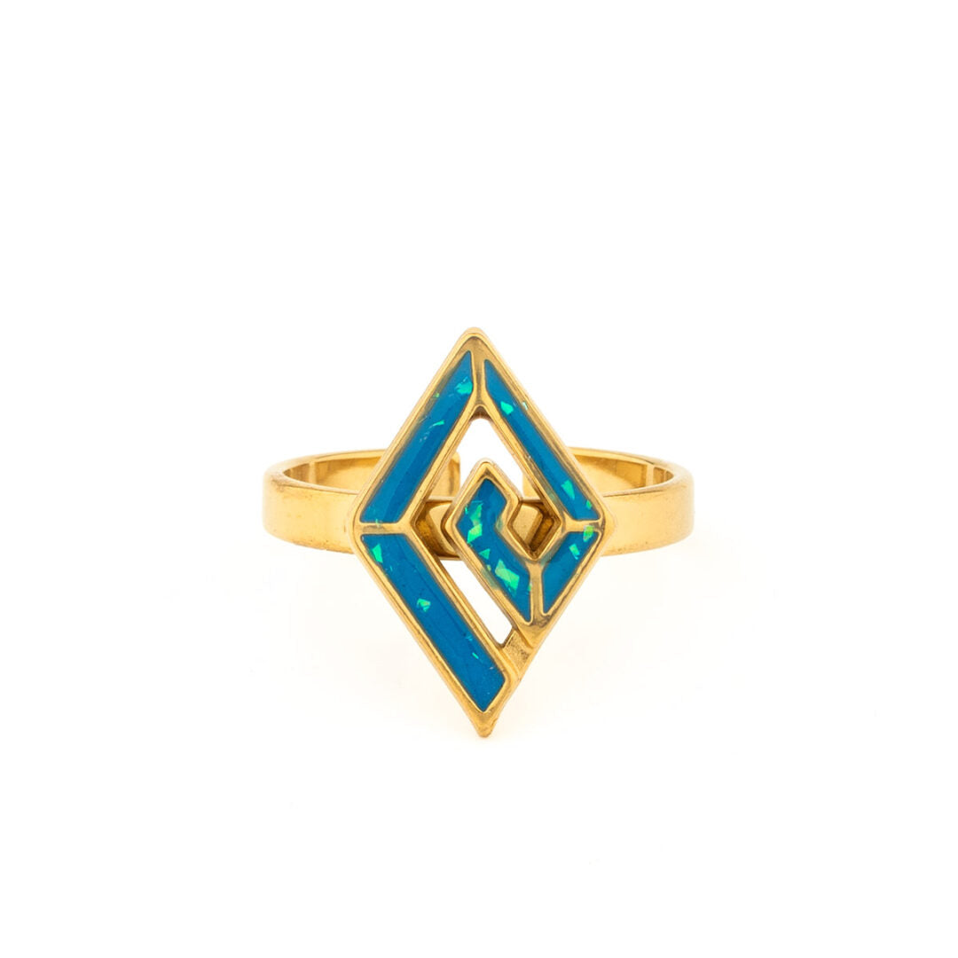 Meander Ring with Ocean Blue Details in Stainless Steel — Gold