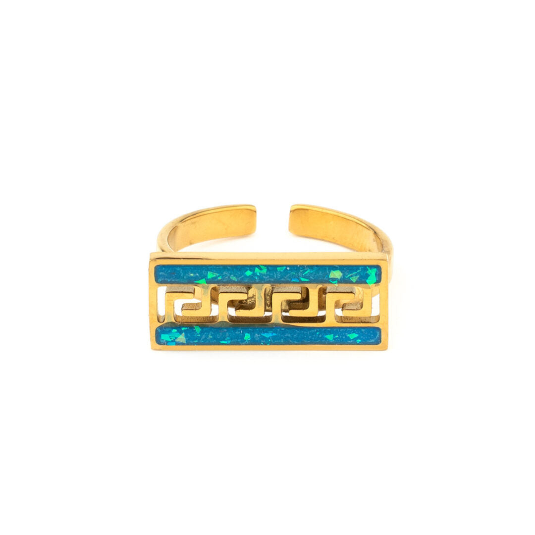 Greek Key Meander Ring with Ocean Blue Details in Stainless Steel