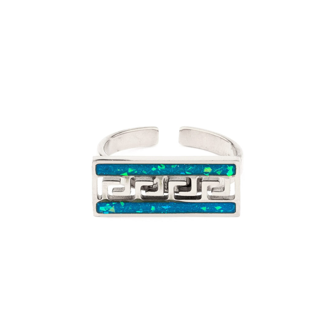 Greek Key Meander Ring with Ocean Blue Details in Stainless Steel — Silver