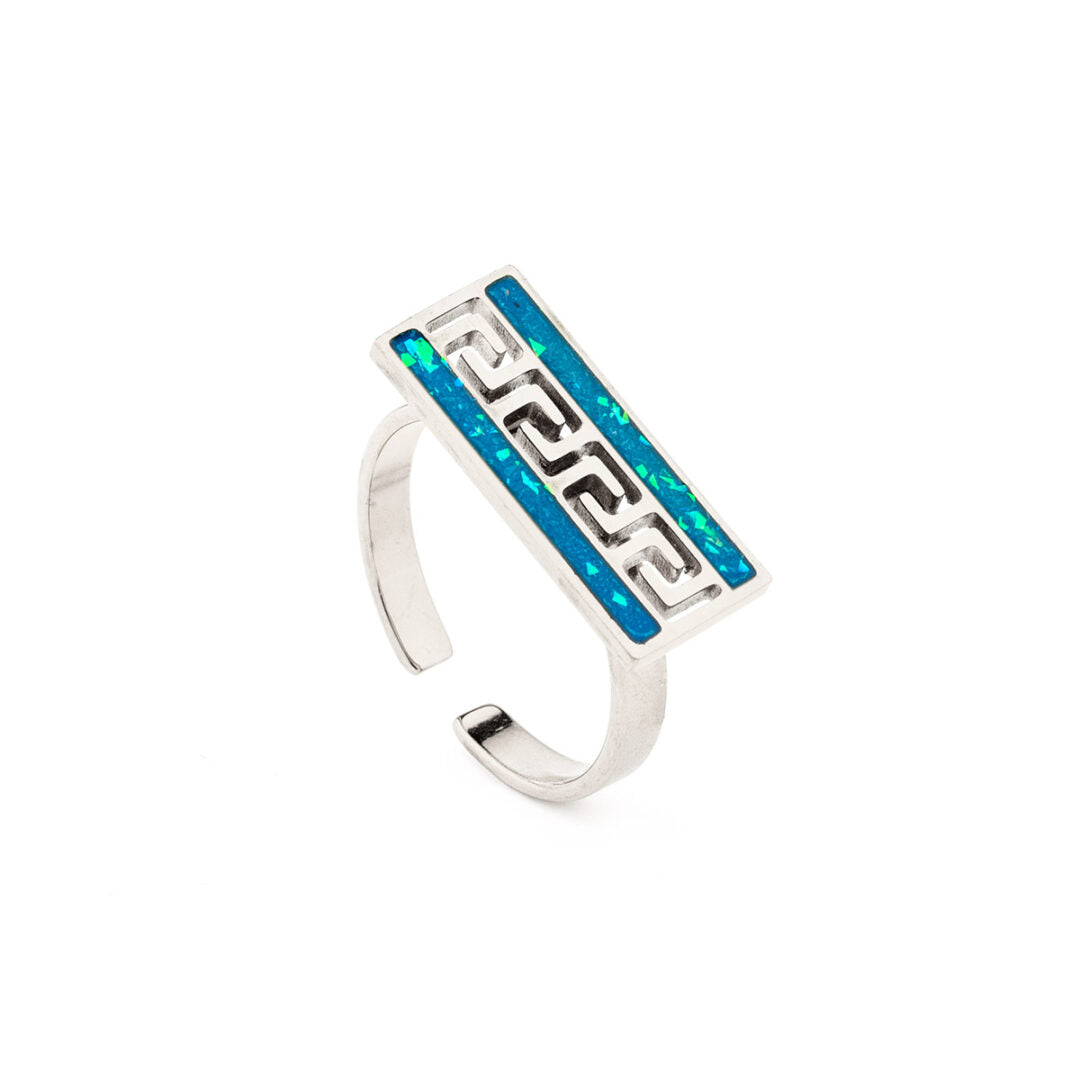 Greek Key Meander Ring with Ocean Blue Details in Stainless Steel — Gold