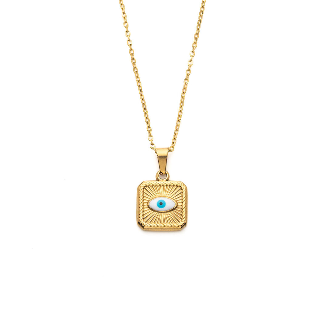 Square Evil Eye Lucky Necklace in Stainless Steel — Gold & White