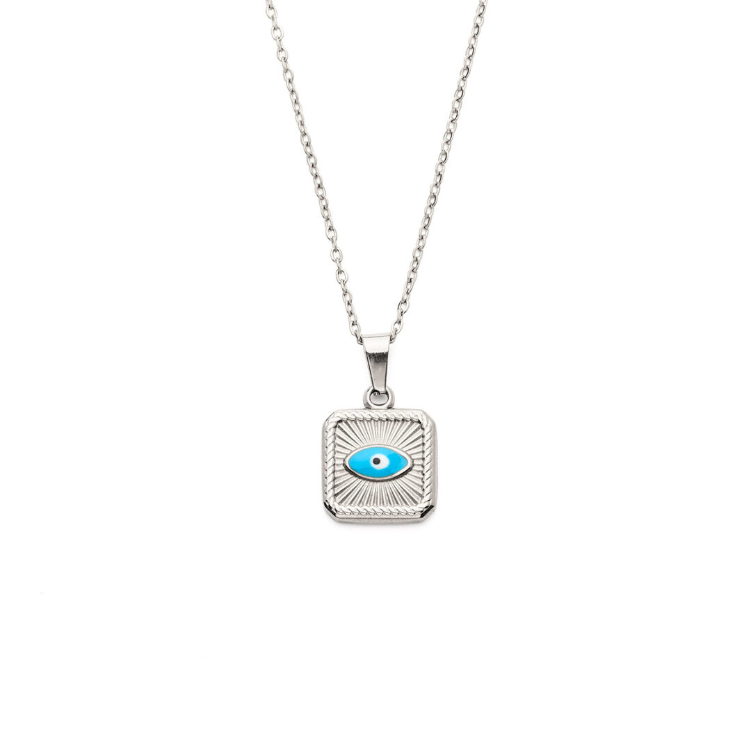 Square Evil Eye Lucky Necklace in Stainless Steel — Silver & Ciel