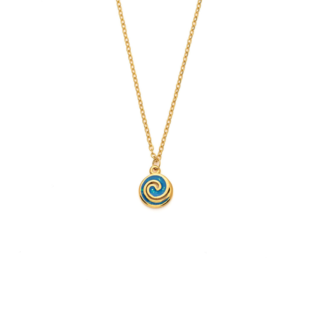 Spiral Pendant Necklace with Ocean Blue Details in Stainless Steel — Gold
