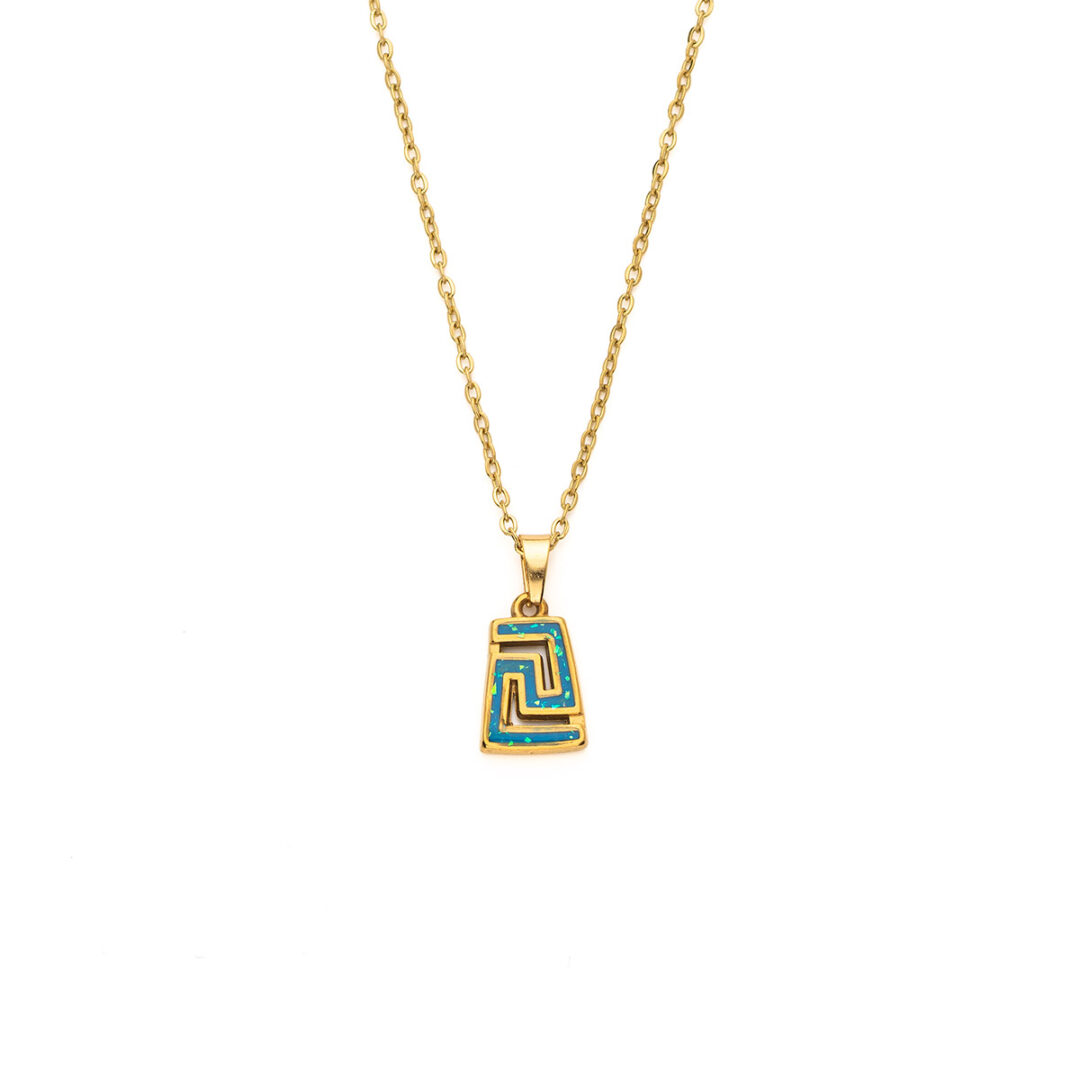 Greek Key Pendant Necklace with Ocean Blue Details in Stainless Steel — Gold