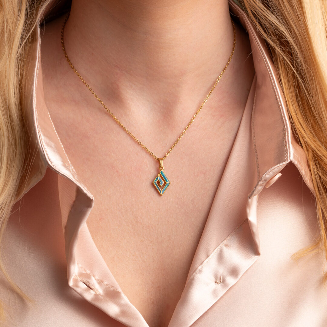 Greek Key Necklace with Ocean Blue Details in Stainless Steel — Silver