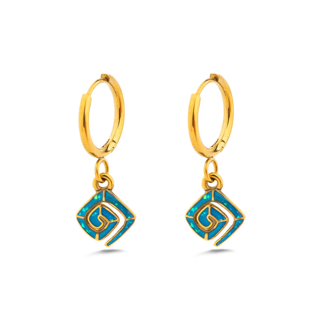 Greek Key Dangle Earrings with Ocean Blue Details in Stainless Steel