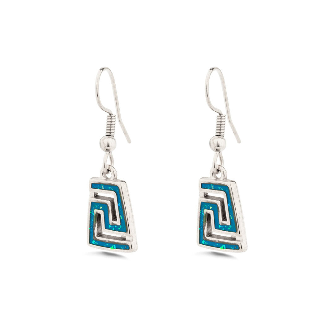 Meander Dangle Earrings with Ocean Blue Details in Stainless Steel — Silver
