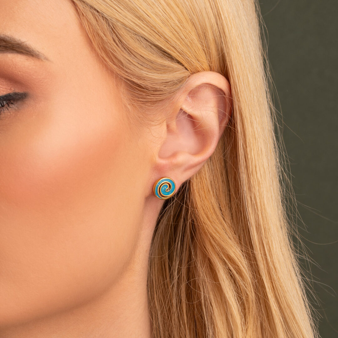 Spiral Stud Earrings with Ocean Blue Details in Stainless Steel — Gold