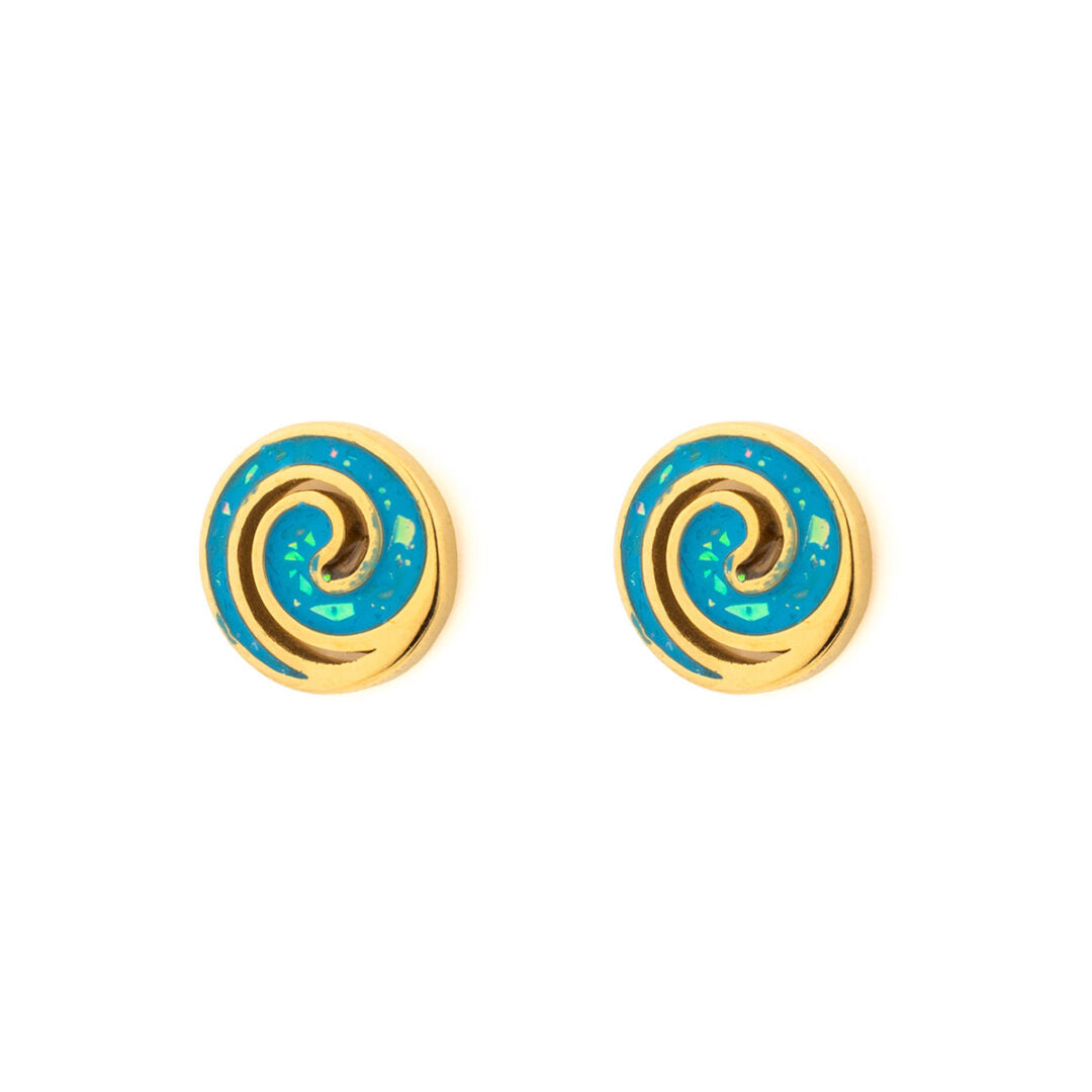 Spiral Stud Earrings with Ocean Blue Details in Stainless Steel — Gold