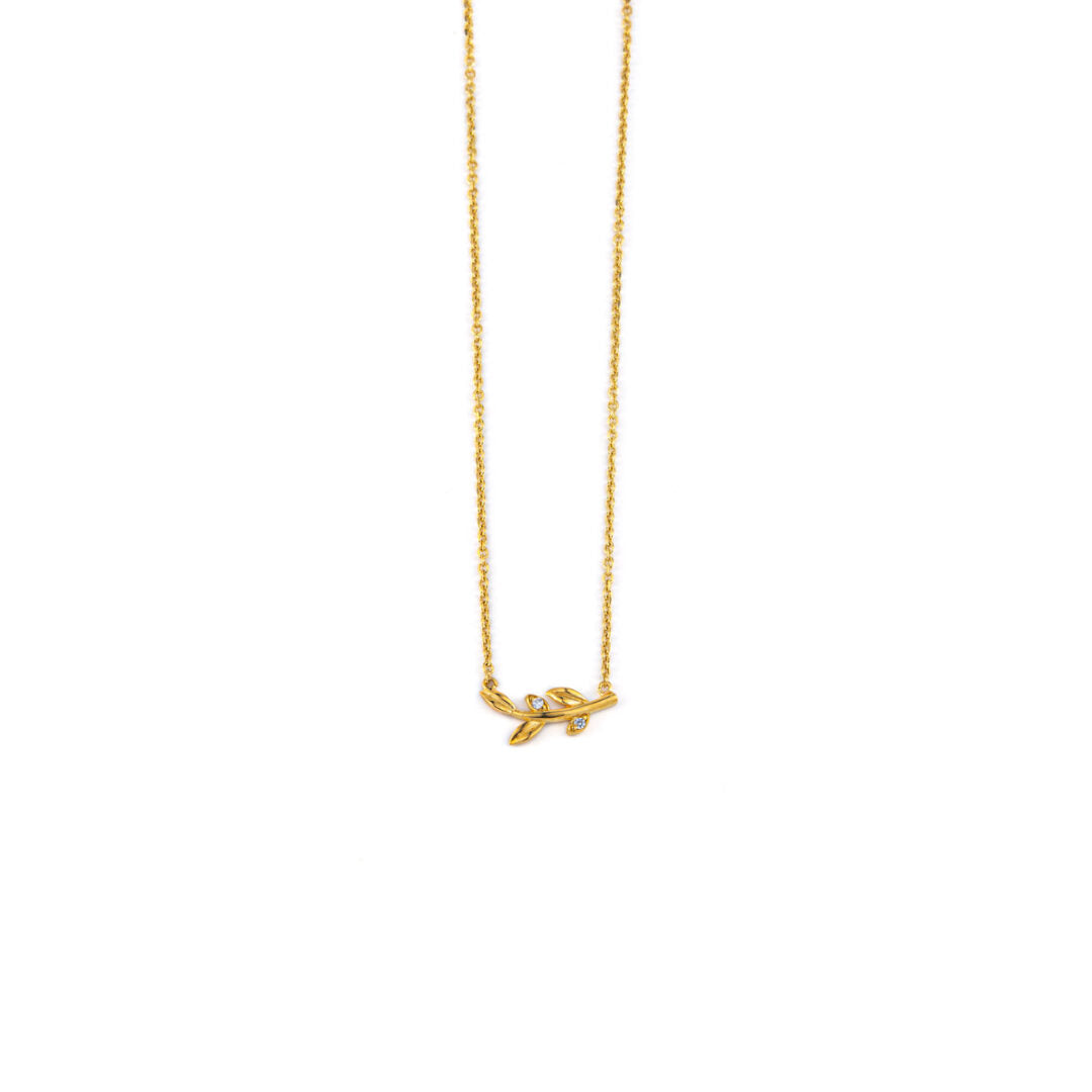 Leaf Zircon Necklace - 14k Yellow Gold