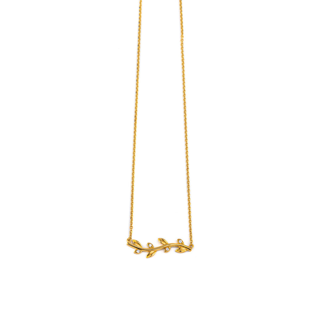 Leaf Necklace with Zircon - 14k Yellow Gold