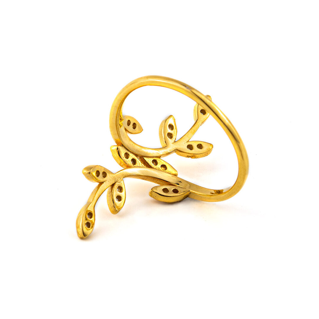 Olive Leaf Ring with Zircon - 14K Solid Yellow Gold