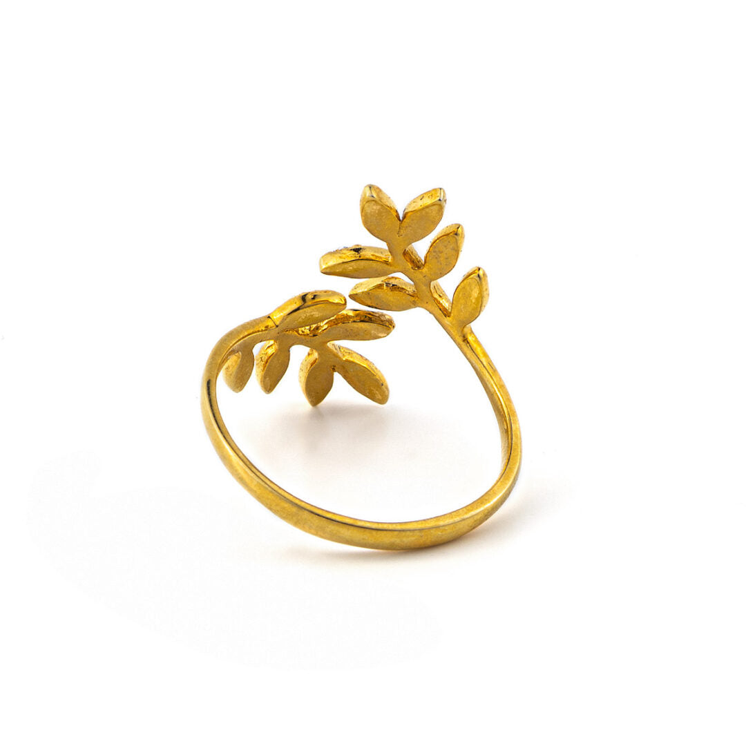 Leaf Adjustable Ring with Zircon - 14K Solid Yellow Gold