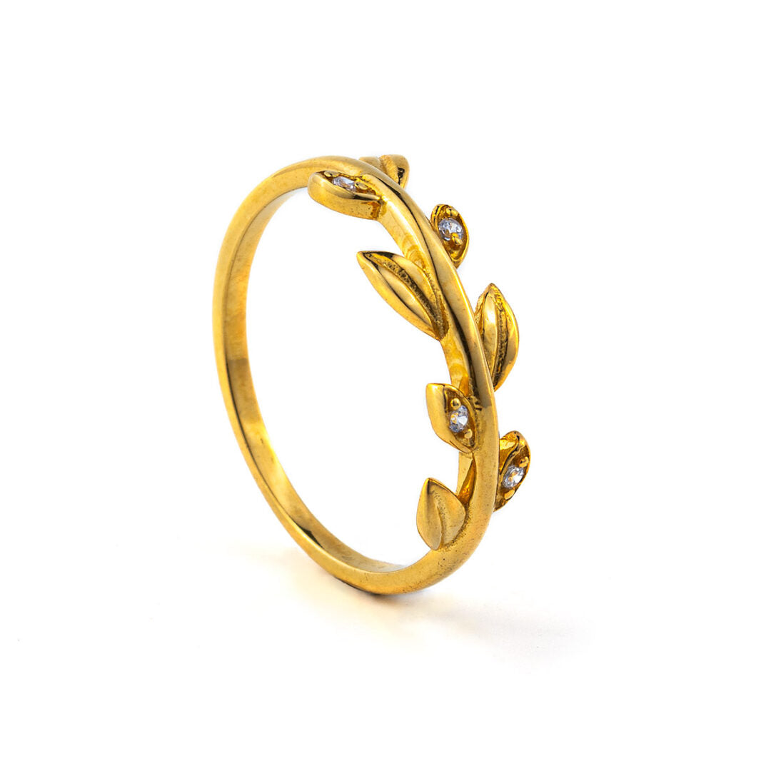Leaf Zircon Ring - 14K Solid Yellow Gold