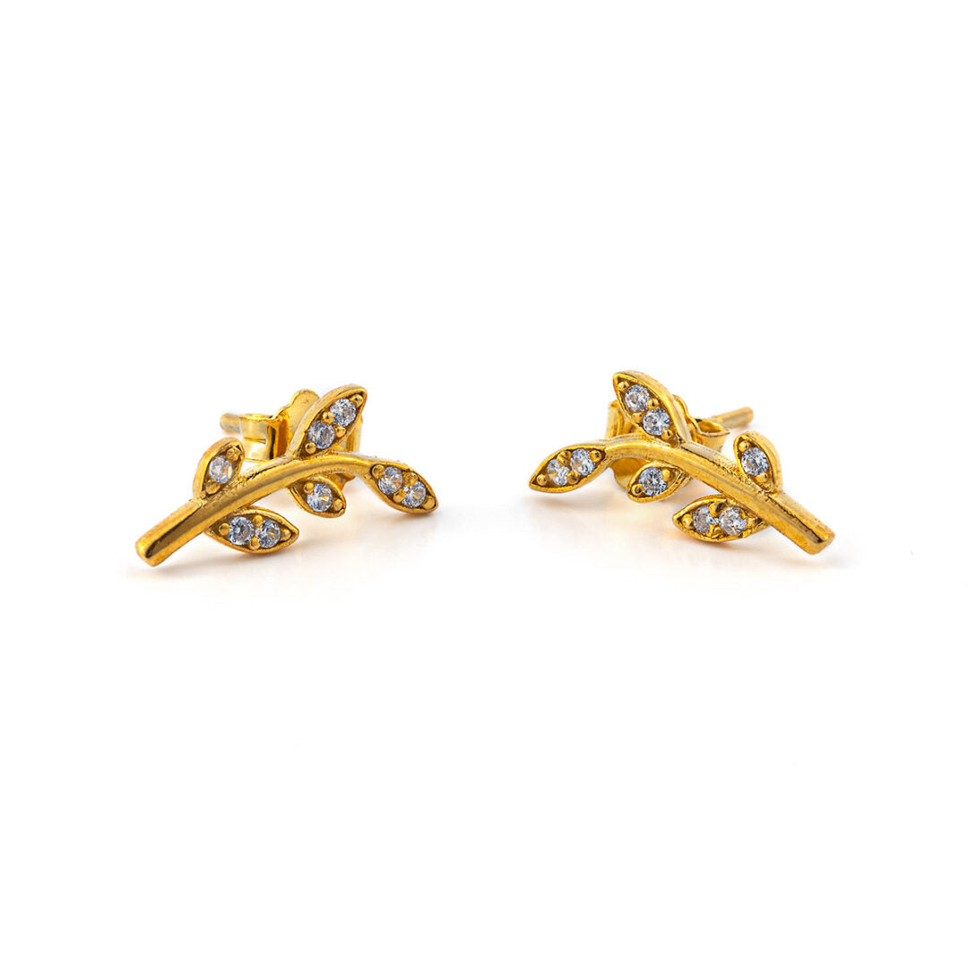 Leaf Earrings with Zircon – 14K Solid Yellow Gold