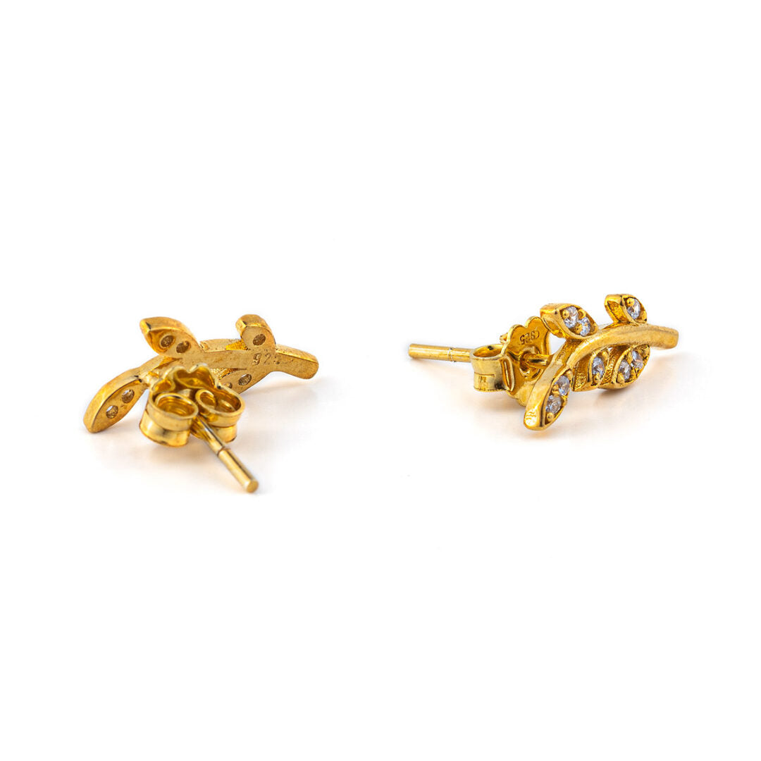 Leaf Earrings with Zircon – 14K Solid Yellow Gold