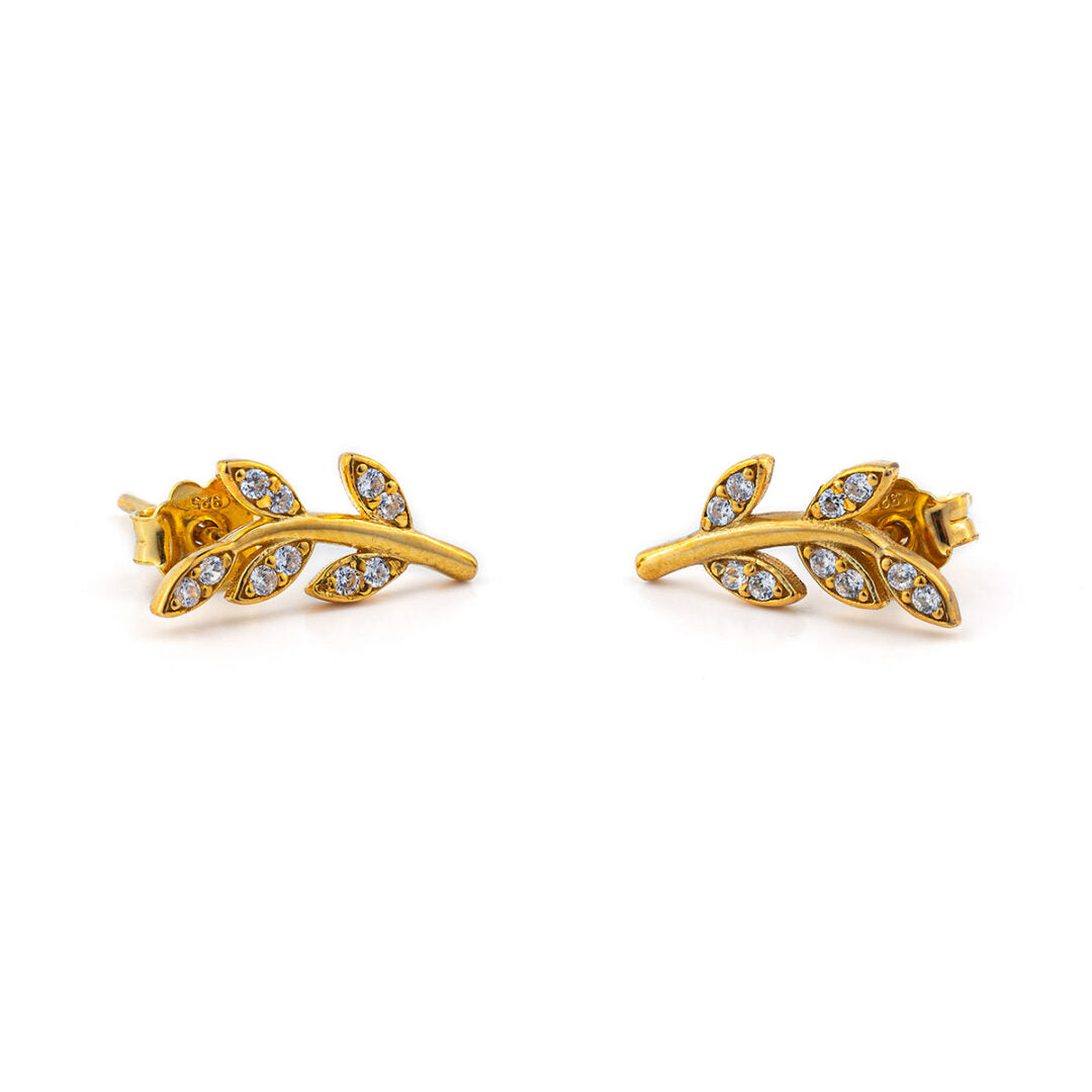 Leaf Zircon Earrings – 14K Solid Yellow Gold