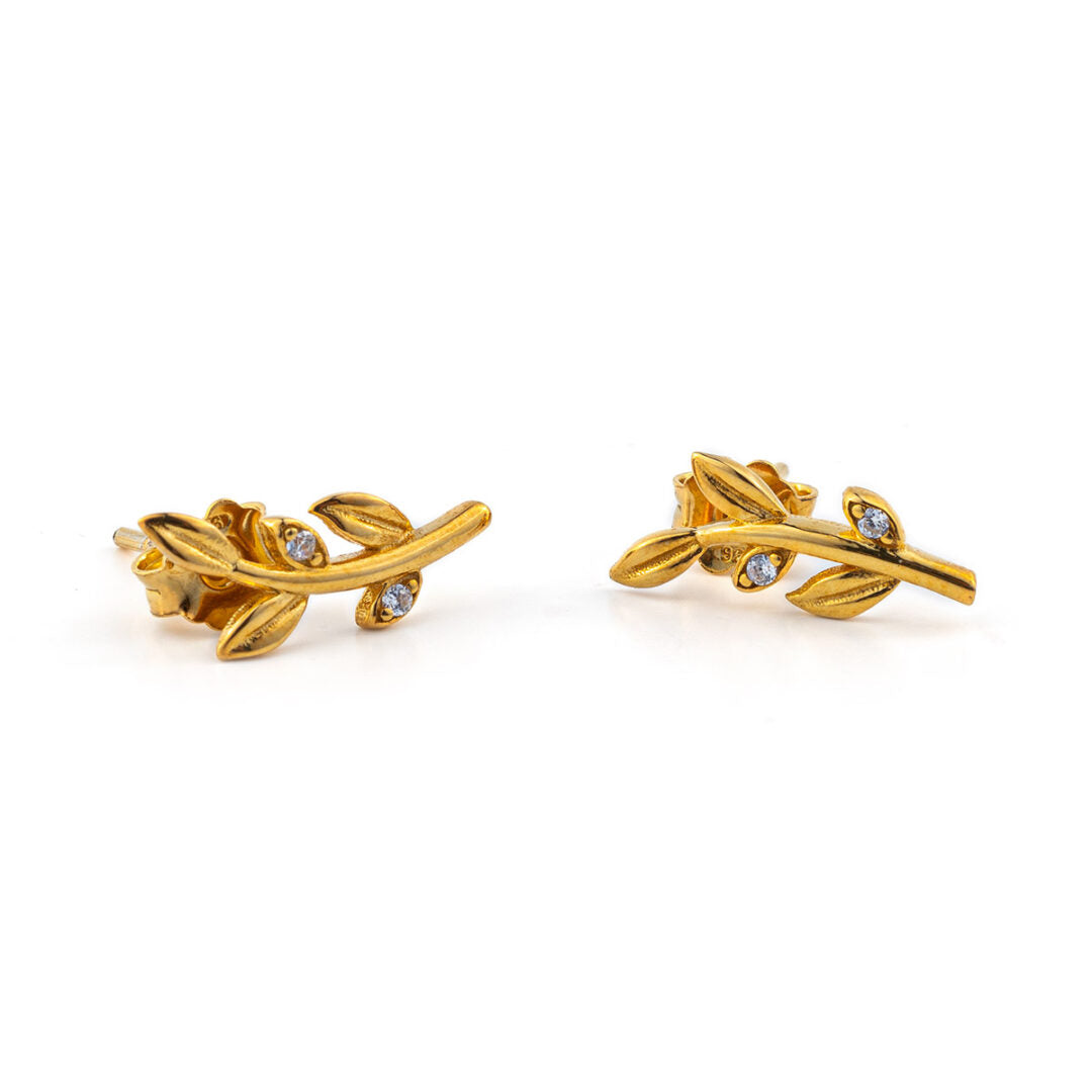 Olive Leaf Earrings with Zircon – 14K Solid Yellow Gold