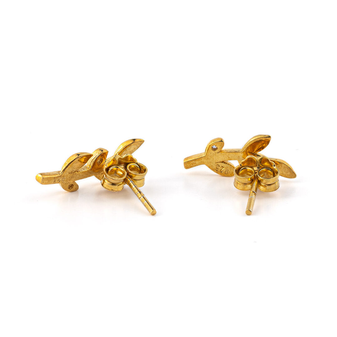 Olive Leaf Earrings with Zircon – 14K Solid Yellow Gold