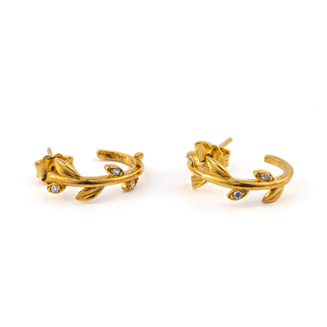 Olive Leaves Earrings with Zircon – 14K Solid Yellow Gold