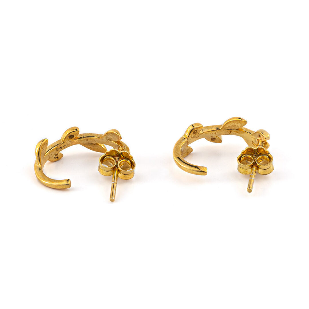 Olive Leaves Earrings with Zircon – 14K Solid Yellow Gold