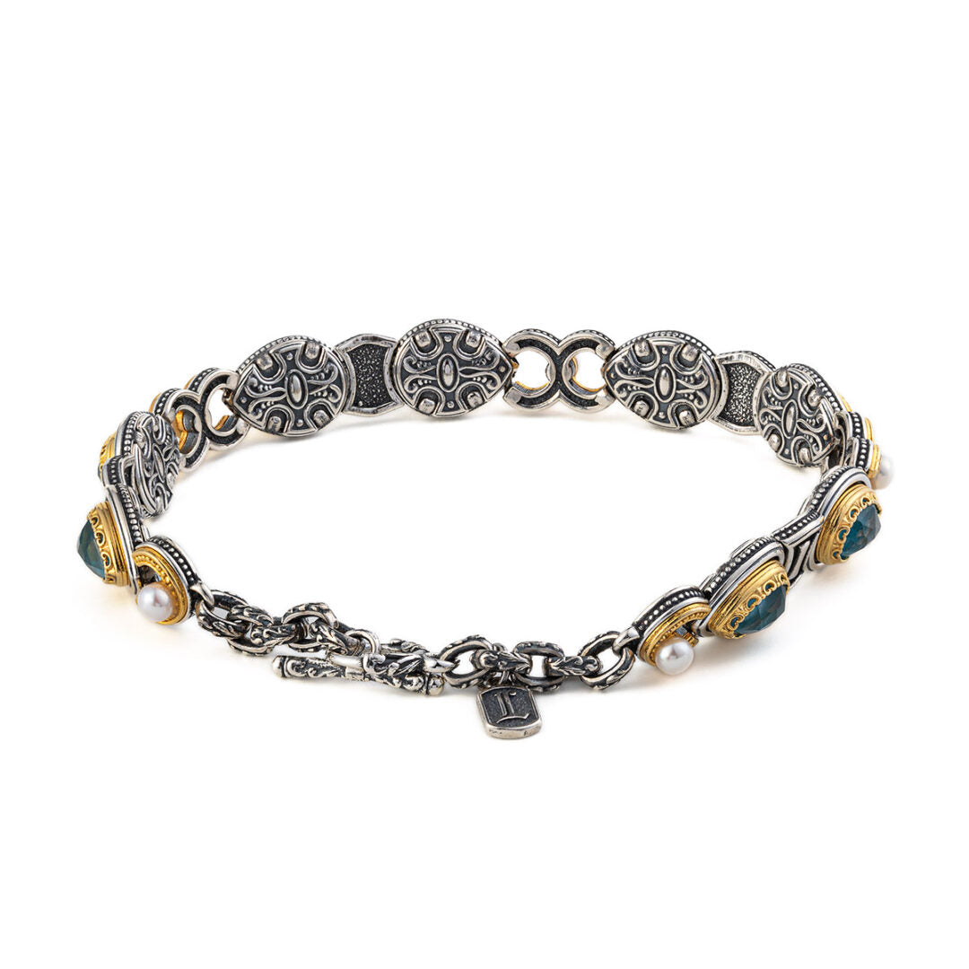 Byzantine Bracelet with Doublet Apatite and Natural Pearl Gemstone