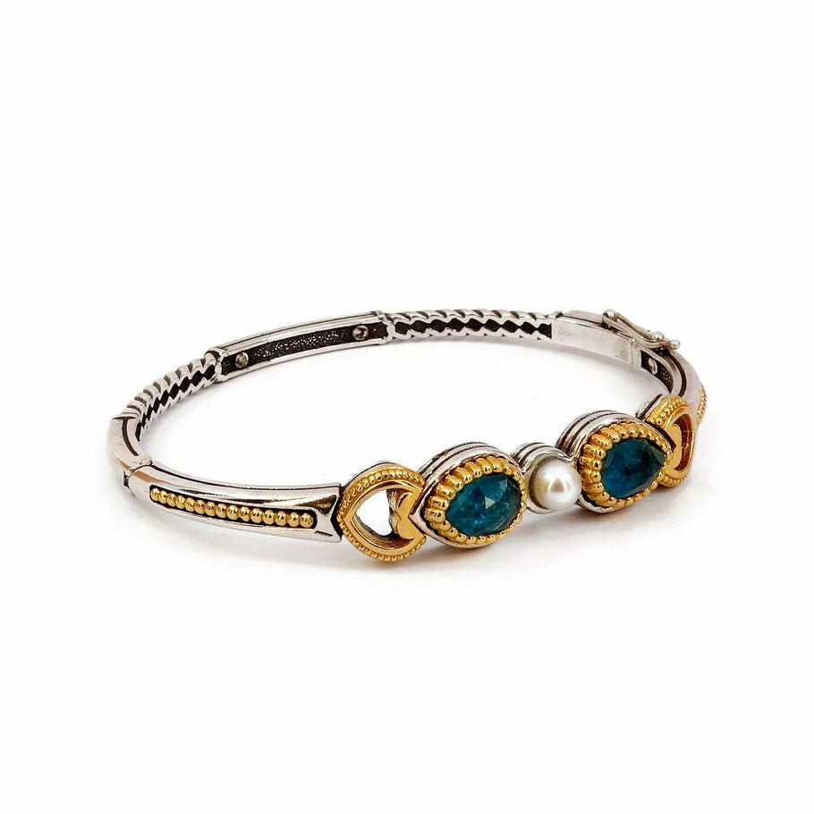 Byzantine Cuff Bracelet with Doublet Apatite Gemstone and Natural Pearl