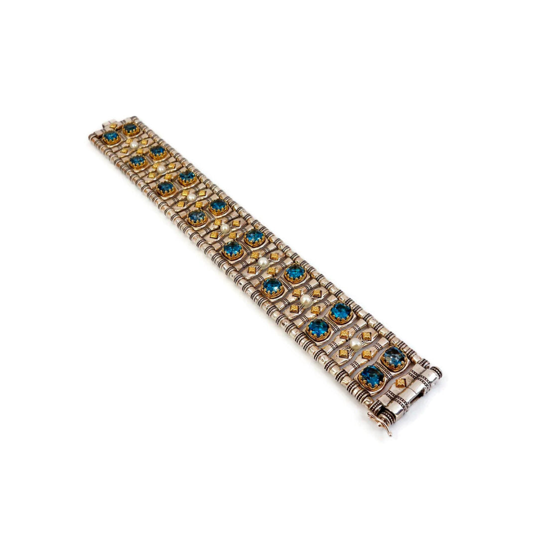 Byzantine Bracelet with Natural London Blue Topaz Gemstone and Natural Pearl