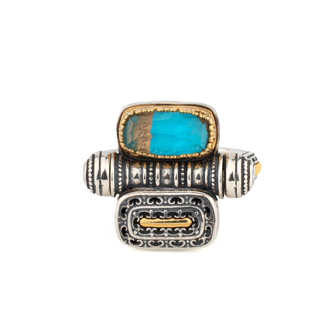 Byzantine Two-Side Ring in 925 Sterling Silver with Turquoise & Green Copper