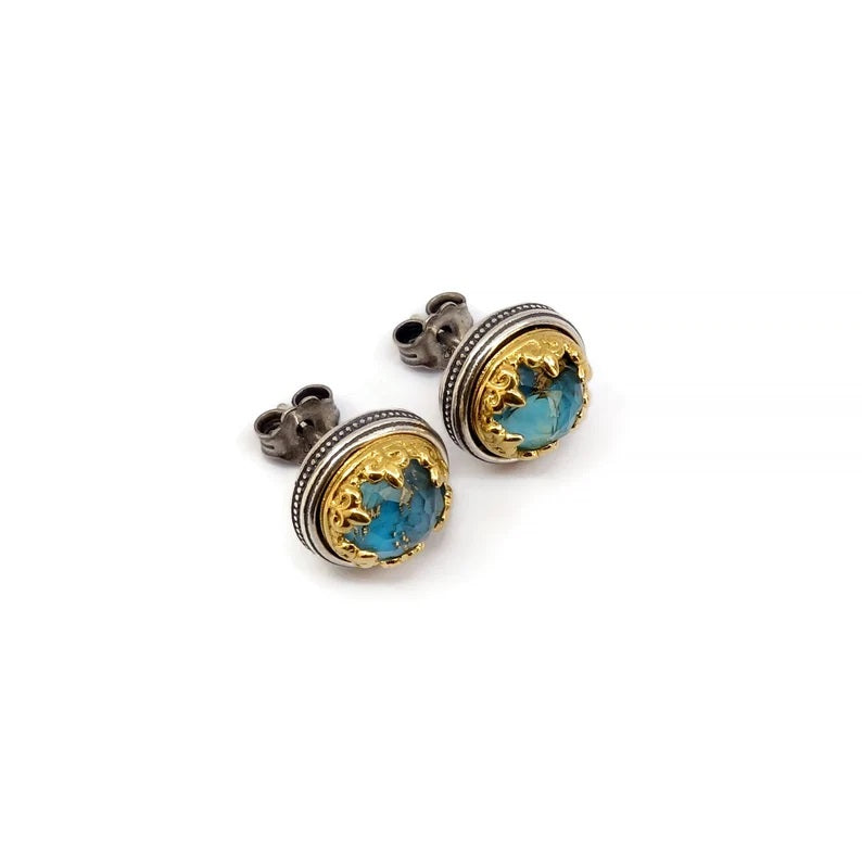 Byzantine Stud Earrings with Doublet Turquoise Copper