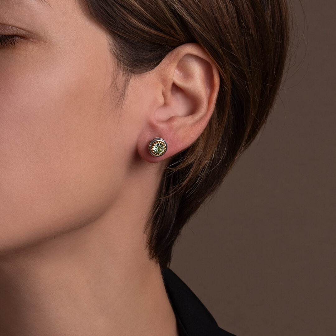 Byzantine Stud Earrings with Chrysolite Crystal Stone - 925 Sterling Silver