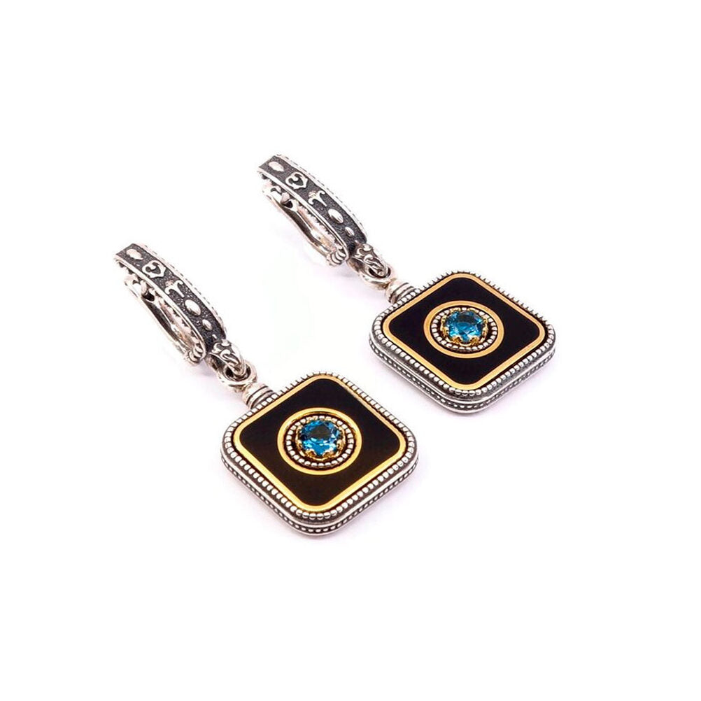 Byzantine Earrings with Crystal London Blue Topaz and Black Enamel