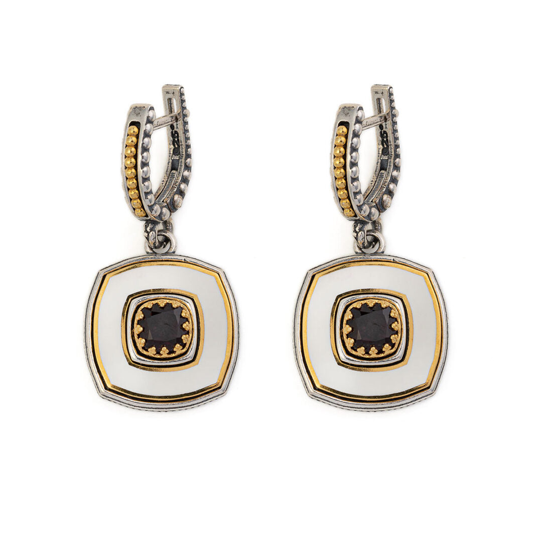 Byzantine Earrings with Natural Garnet Gemstone and White Enamel