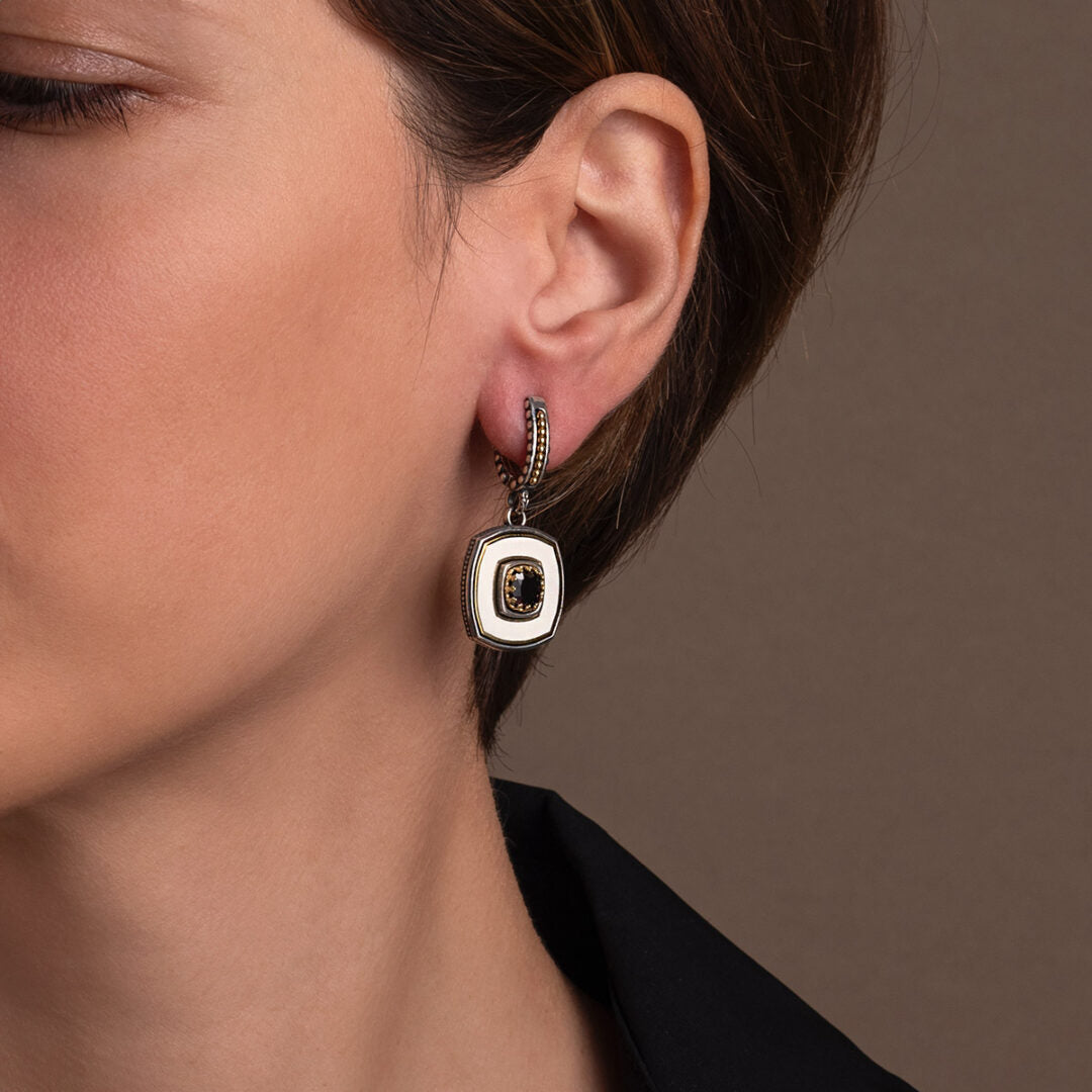 Byzantine Earrings with Natural Garnet Gemstone and White Enamel