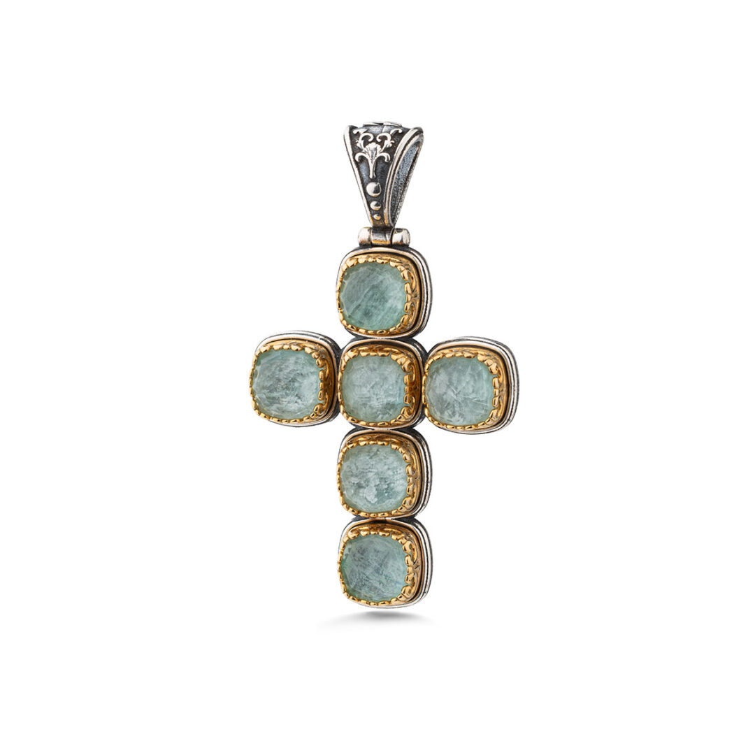Byzantine Doublet Amazonite Cross Pendant in 925 Sterling Silver and Gold Plated