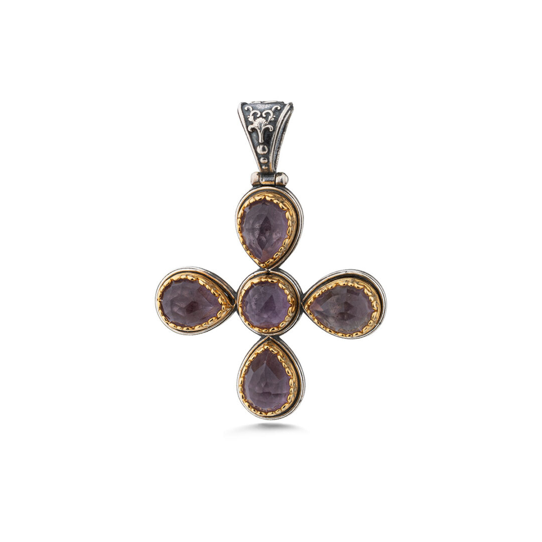 Doublet Amethyst and Turquoise Cross Pendant in 925 Sterling Silver and Gold Plated