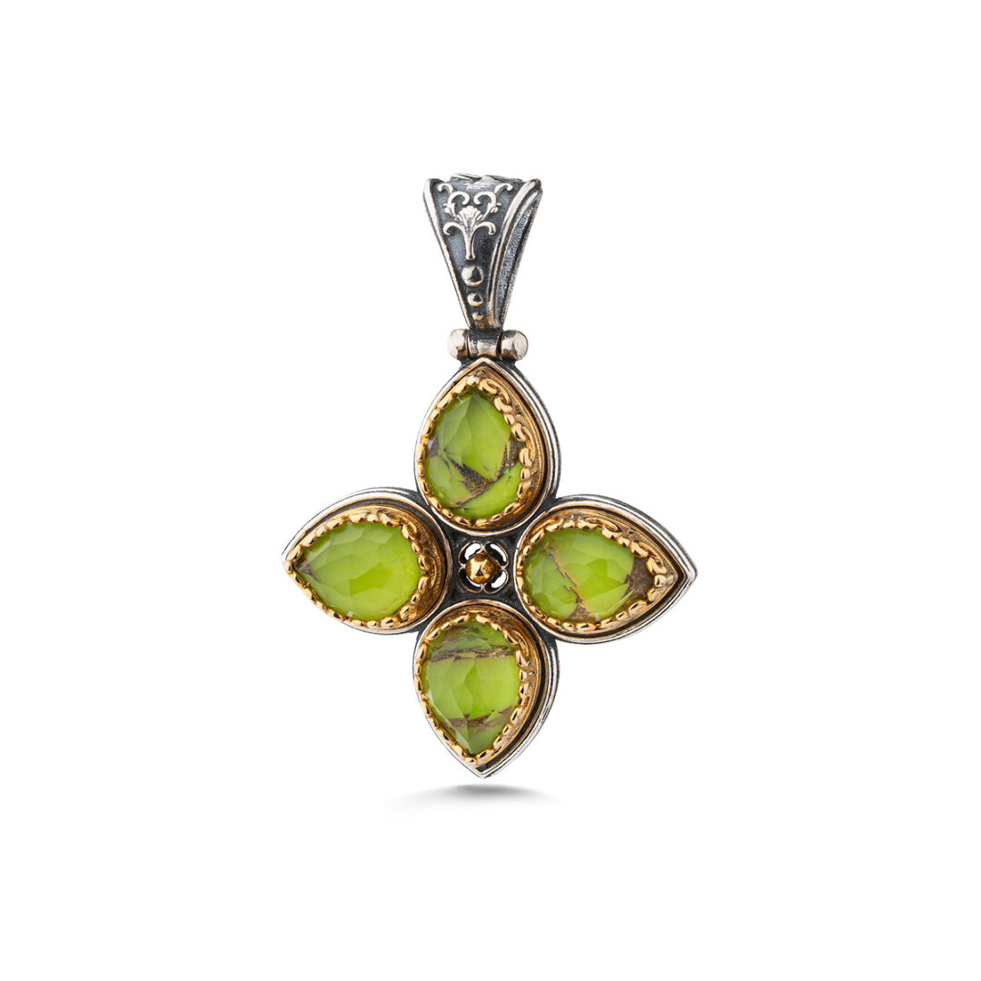 Doublet Green Copper Cross Pendant in 925 Sterling Silver and Gold Plated