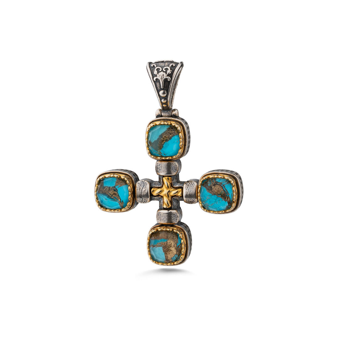Doublet Turquoise Copper Cross Pendant in 925 Sterling Silver and Gold Plated
