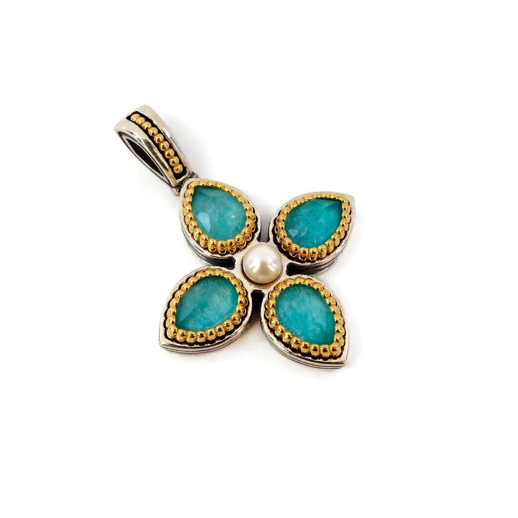 Byzantine Cross Pendant with Doublet Amazonite Gemstone and Natural Pearl