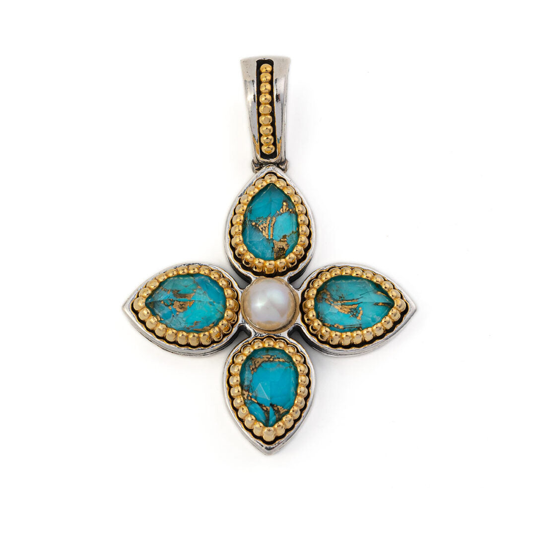 Byzantine Cross Pendant with Doublet Turquoise Copper and Pearl