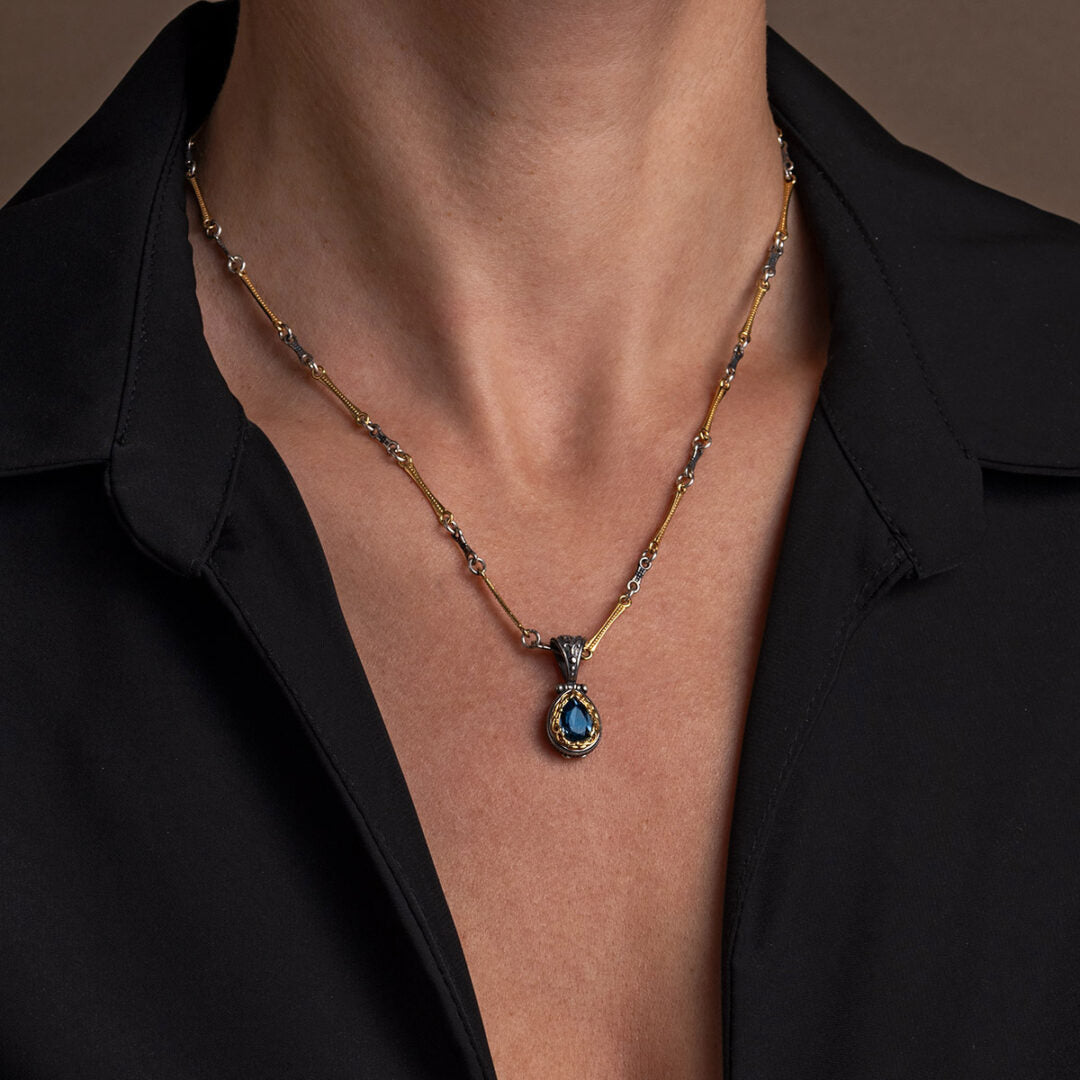 Μενταγιόν Βυζαντινό με London Blue Topaz - Ασήμι 925 Επιχρυσωμένο