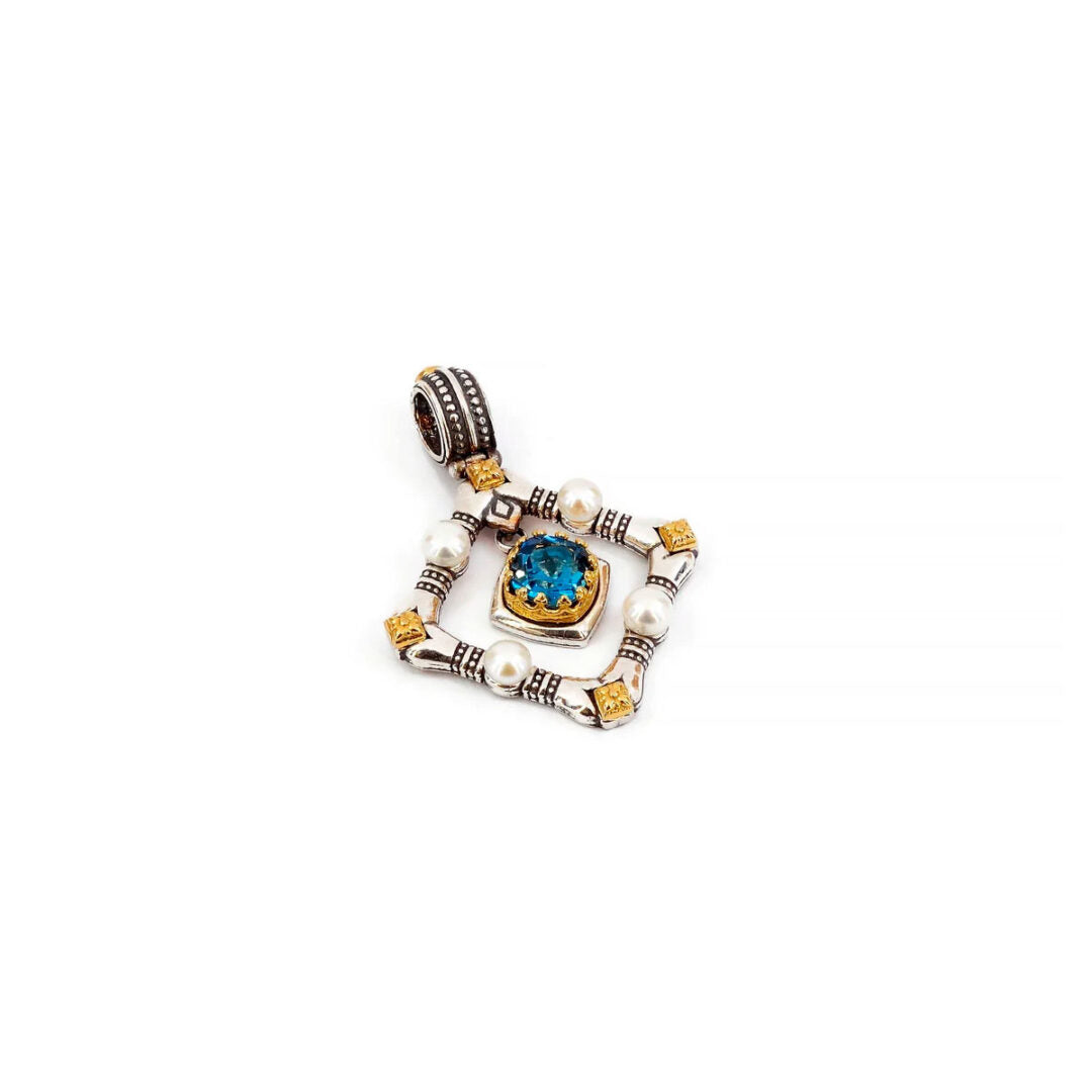 Byzantine Pendant with Natural London Blue topaz Gemstone and Pearl
