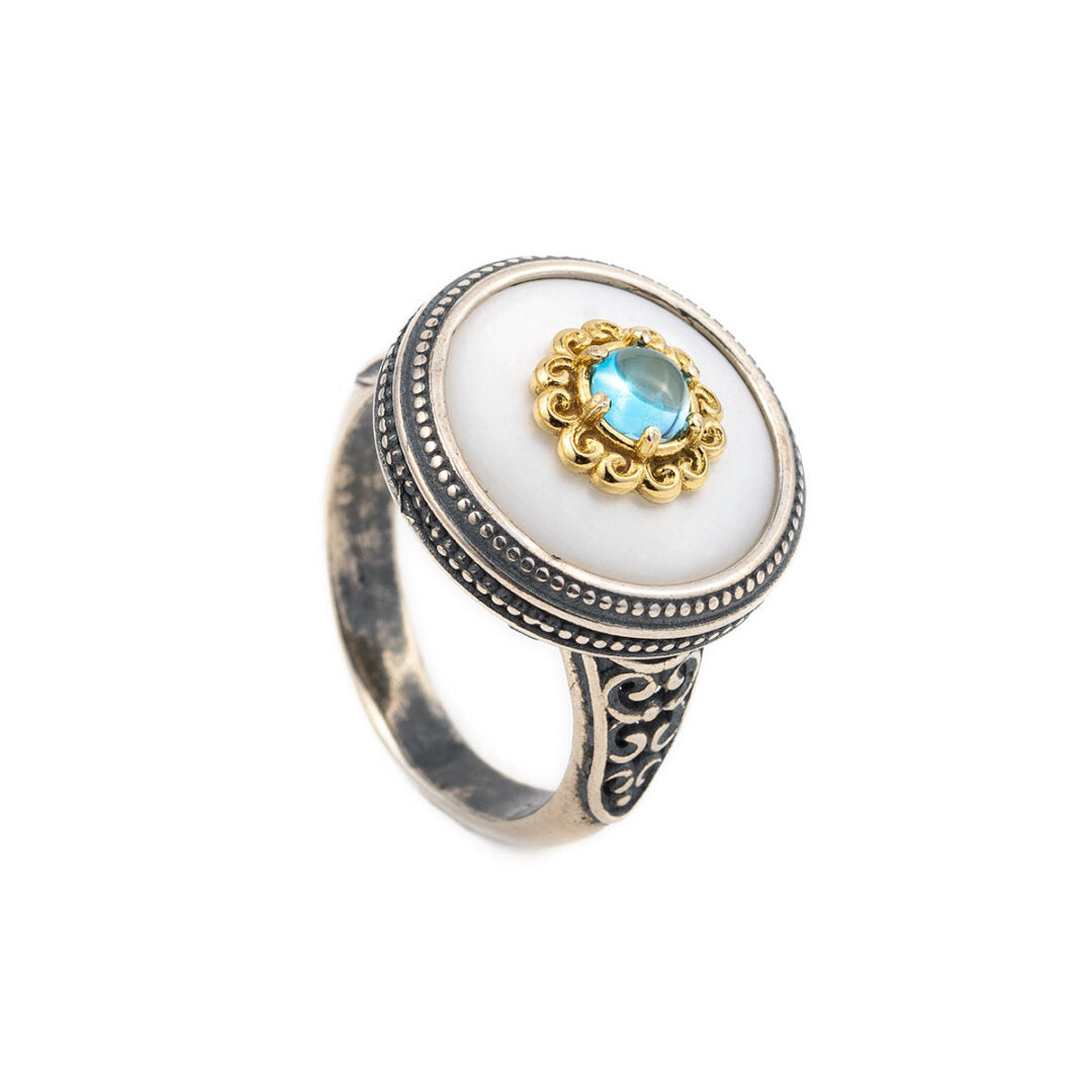 Sterling Silver Gold Plated Round Byzantine Ring with Stones