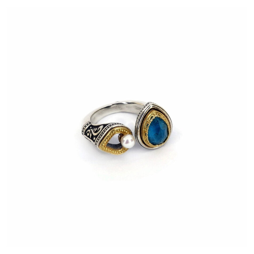 Byzantine Ring with Apatite Doublet Stone and Natural Pearl