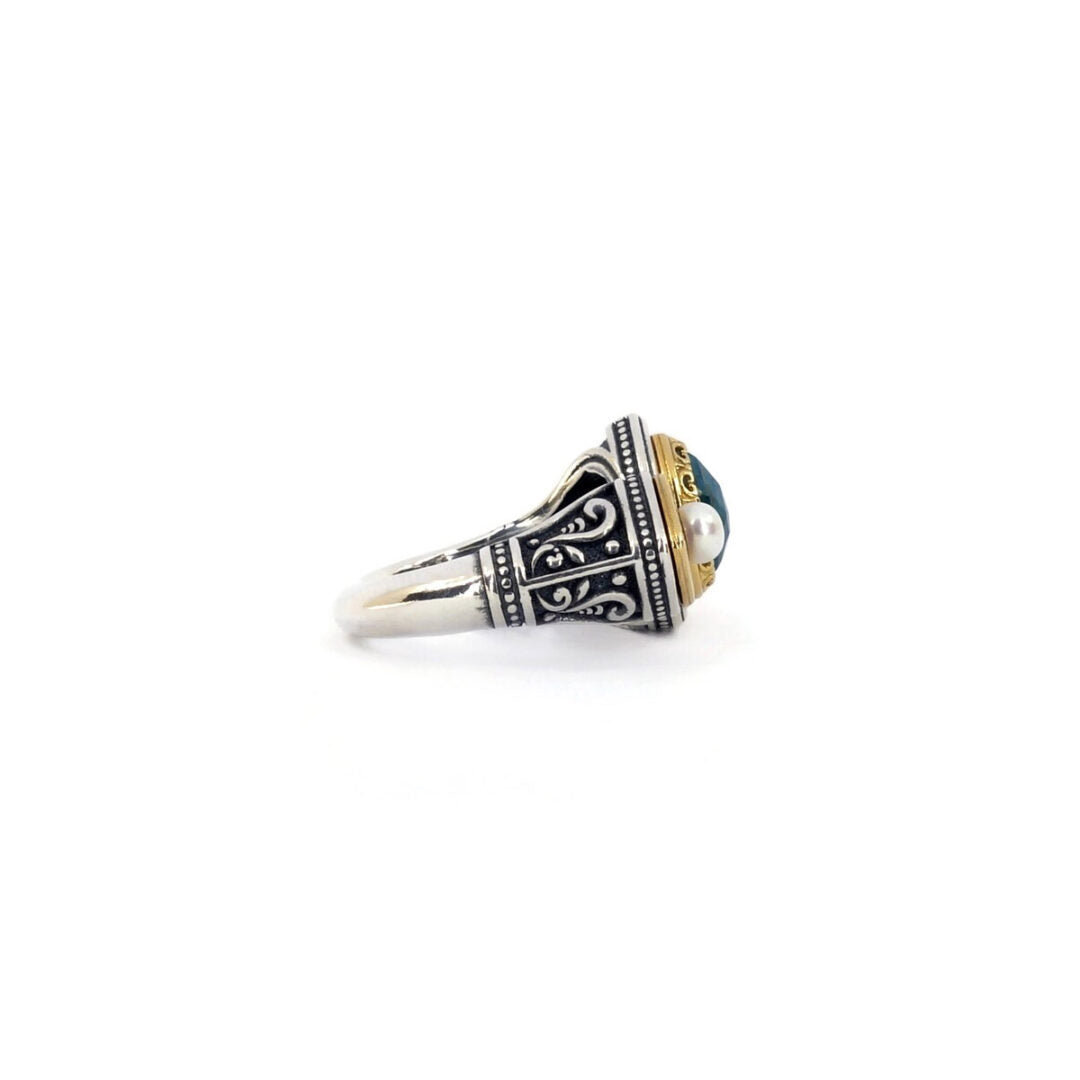 Byzantine Ring with Apatite Doublet Stone and Natural Pearl