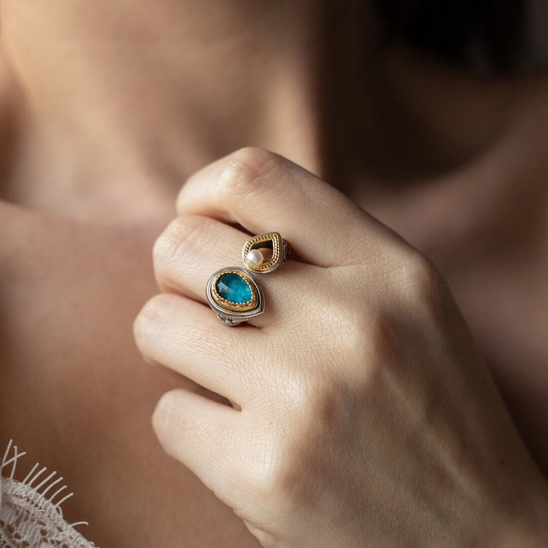 Byzantine Ring with Apatite Doublet Stone and Natural Pearl