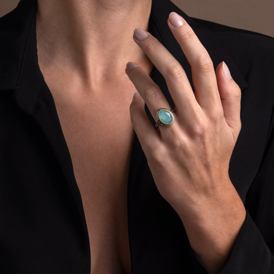 Byzantine Ring with Blue Opal Crystal Stone - 925 Sterling Silver