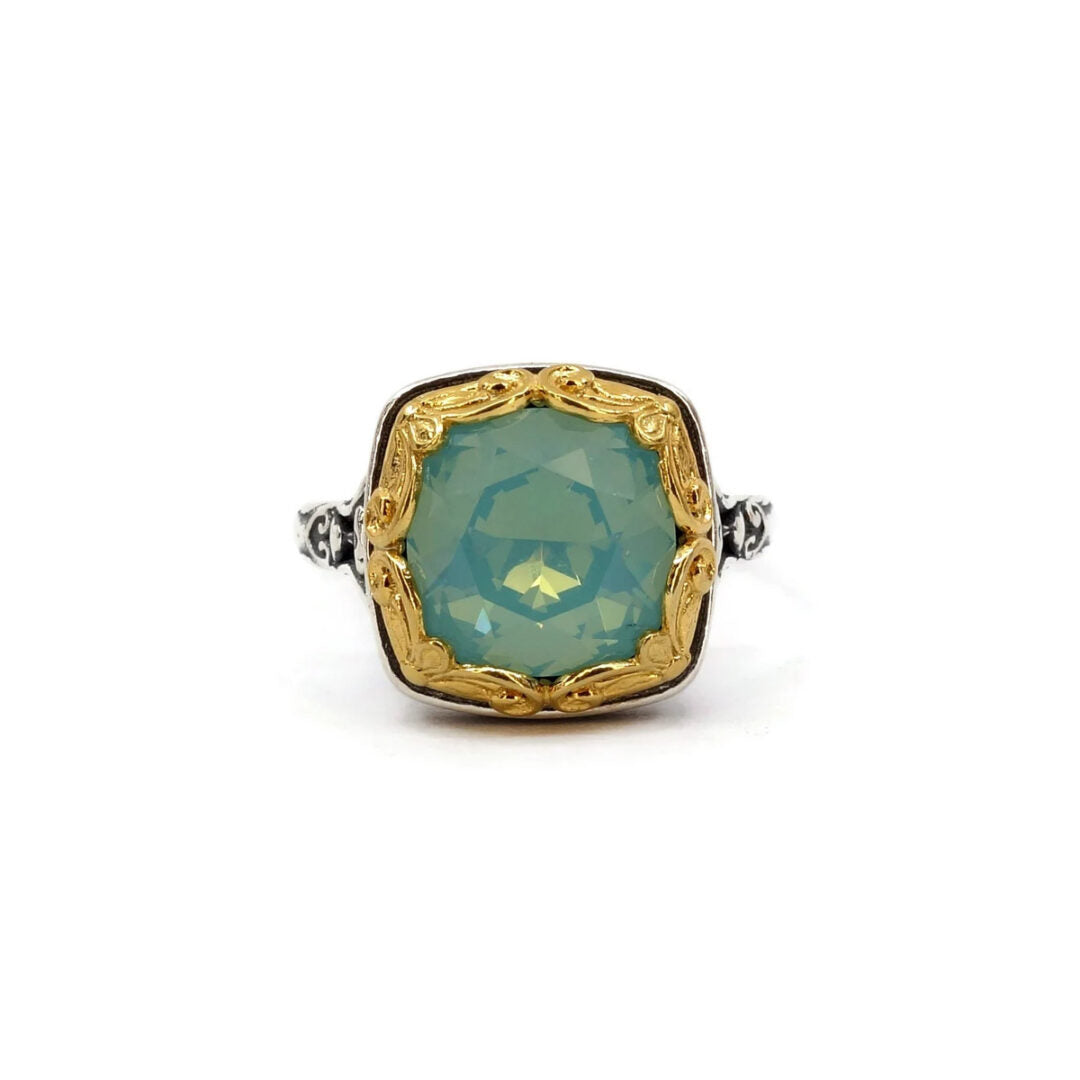 Byzantine Ring Green Opal Crystal Stone - 925 Sterling Silver
