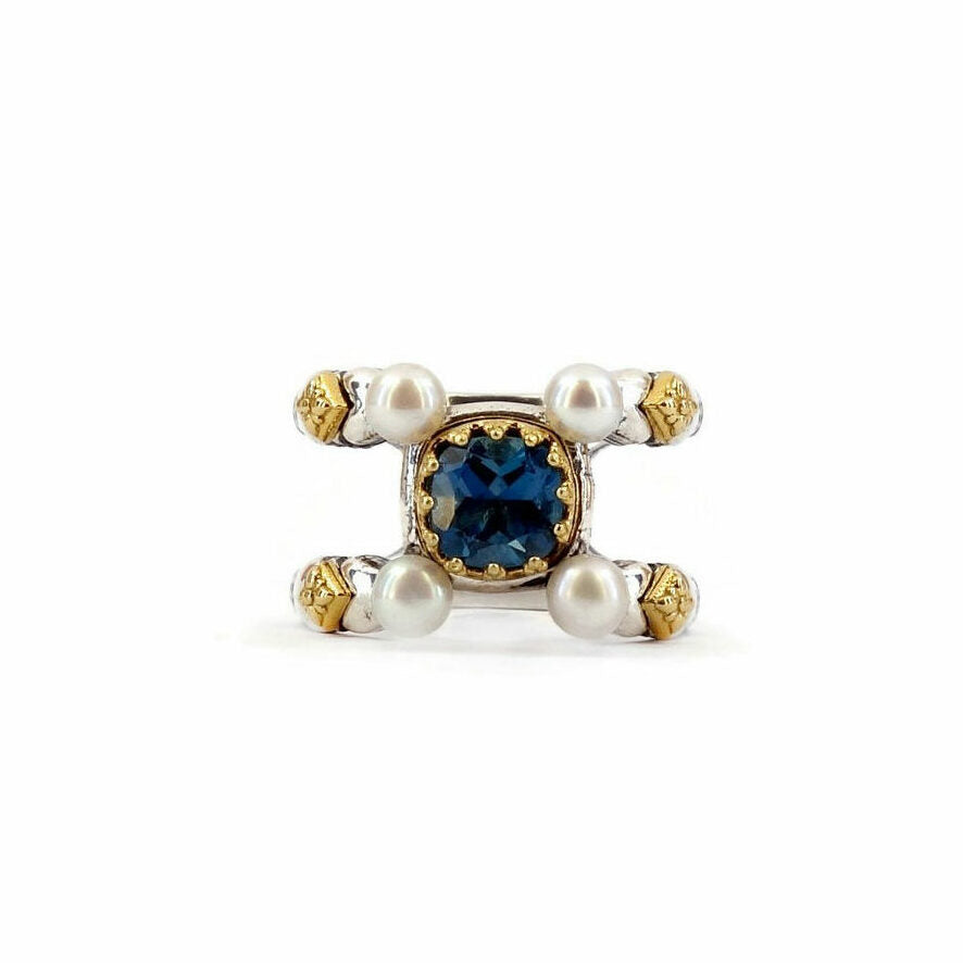 Byzantine Ring with Natural London Blue Topaz Gemstone and Pearl
